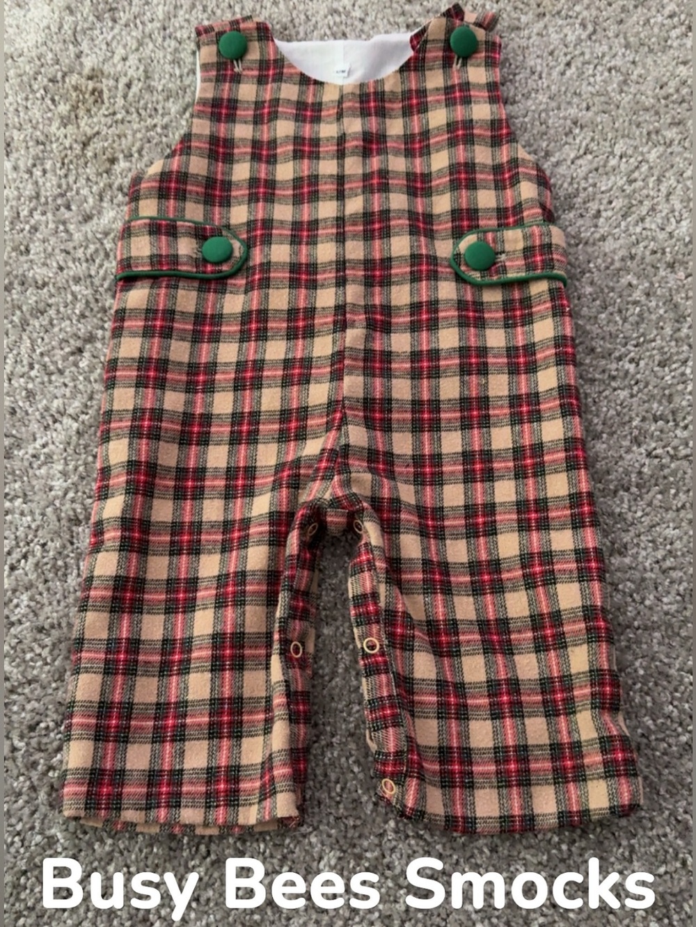 Busy Bees Smocks Plaid Button Romper - Green & Tan
